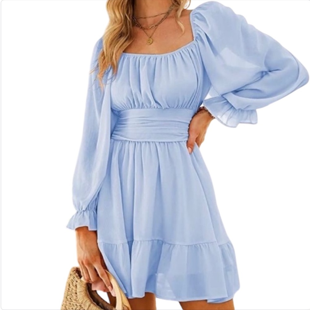 Exlura Chiffon Open Tie Back Ruffle Hem Dress Blue Women’s Size Small